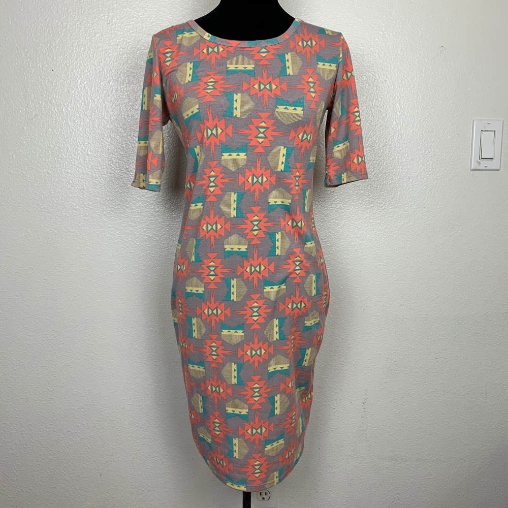 LuLaRoe Julia Dress Aztec Gray Coral Print XS